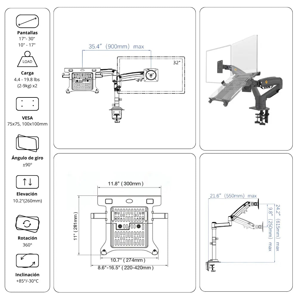 Soporte Ergonómico para 1 PC Portátil y 1 Monitor F160 + FP