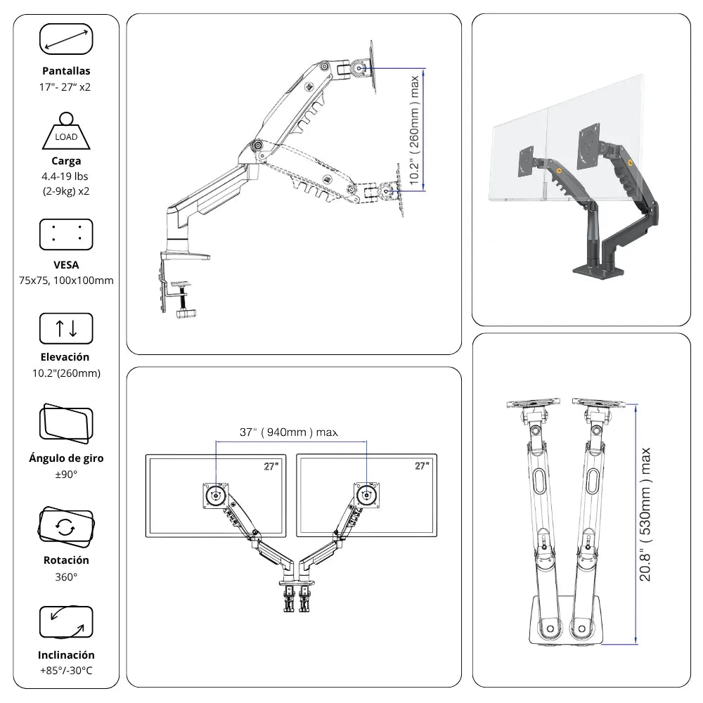 Soporte Ergonómico para 2 Monitores F160
