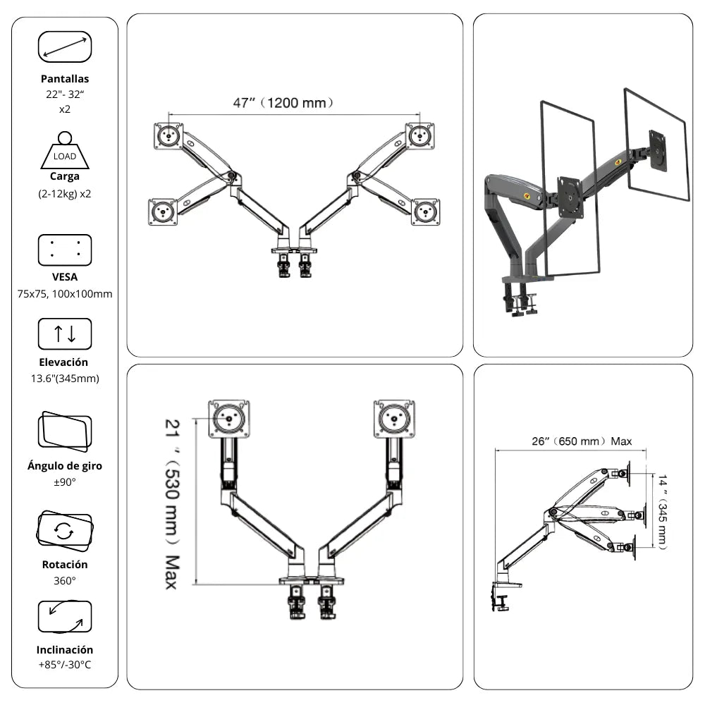 Soporte Ergonómico para 2 Monitores G75
