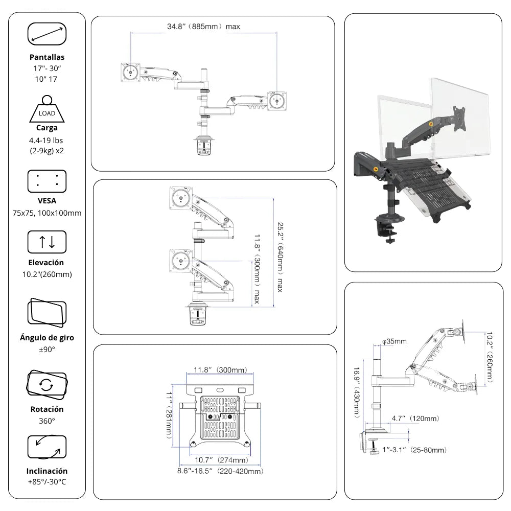 Soporte Ergonómico para 1 PC Portátil y 1 Monitor H180 + FP