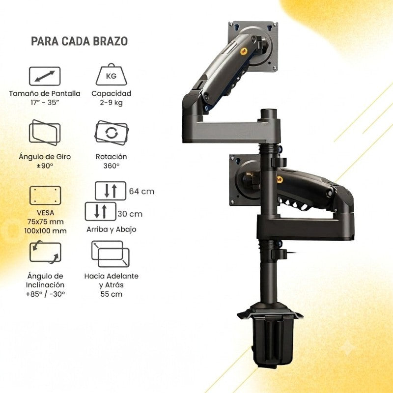 Soporte Ergonómico para 2 Monitores de 17"-35" H180