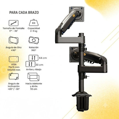 Soporte Ergonómico para 2 Monitores de 17"-35" H180