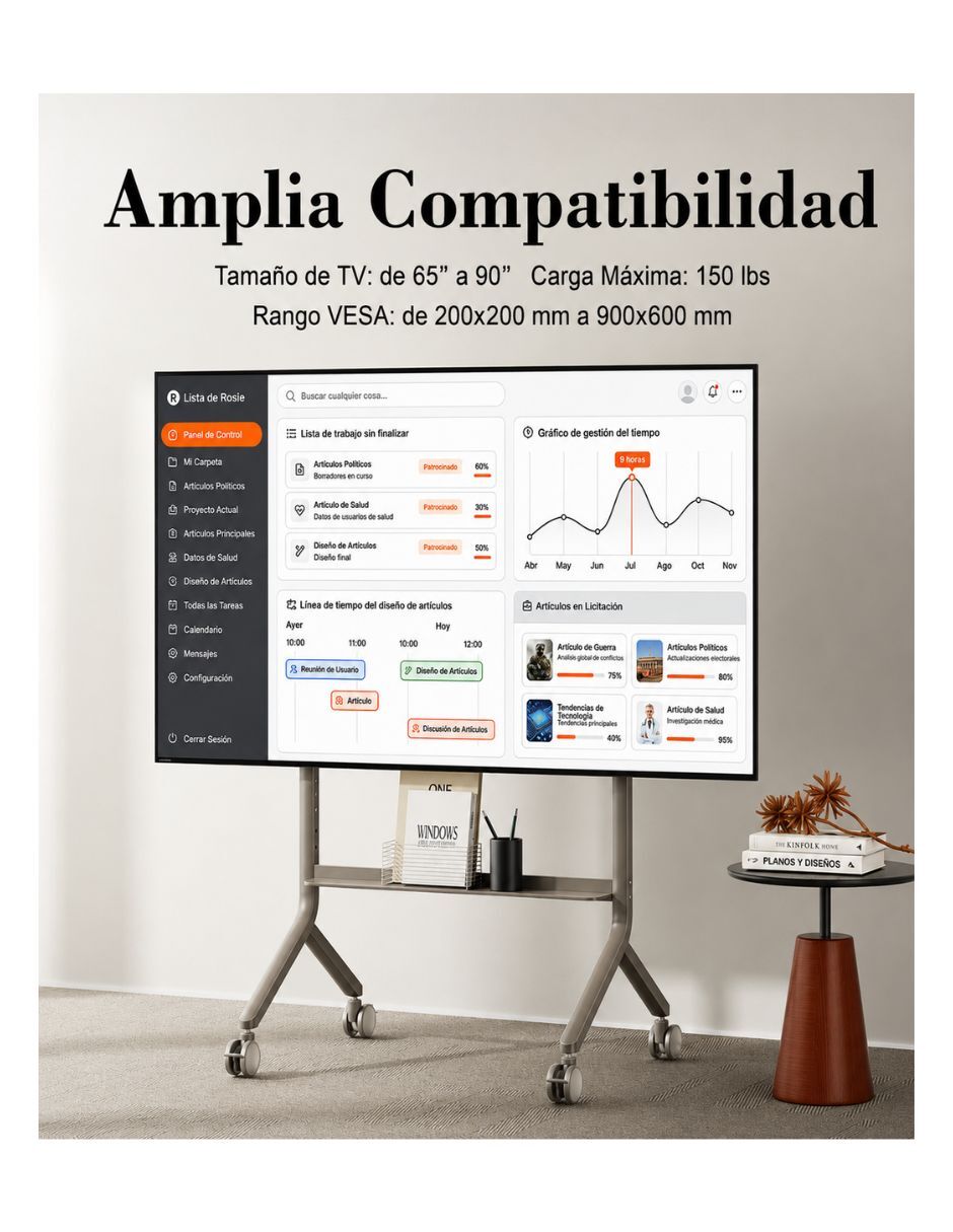 Carrito Móvil Ajustable NB P100 para Pantallas de 65" a 90" | Soporte de Piso con Ruedas