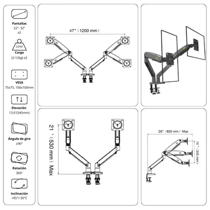 Soporte Ergonómico para 2 Monitores G75